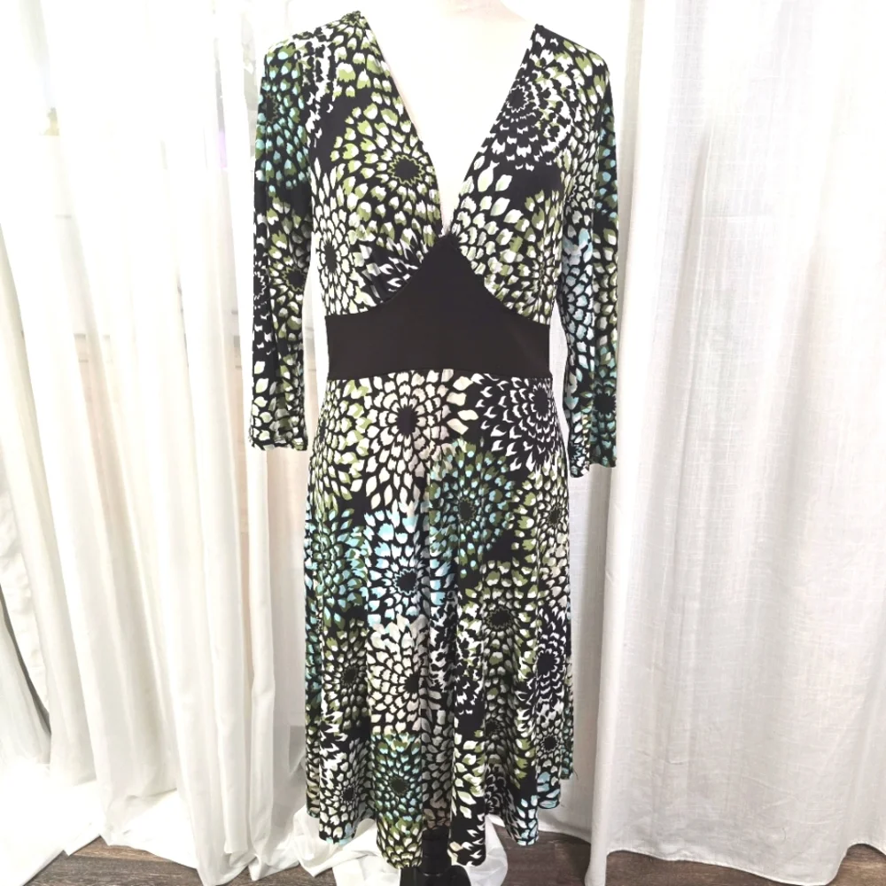 2/$30 Vintage En Focus Green & Black Babydoll Floral Midi Dress‎ Womens Size 12P